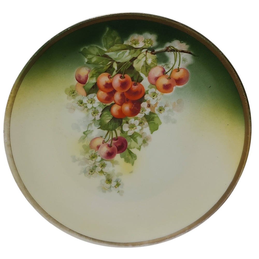 Antique‎ Three Crown China Plate Germany Hand Painted Cherry Blossoms Gold Gilt